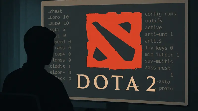 Логотип Dota 2 на фоне окна консоли с введёнными командами, символизирующими гайд по читам.