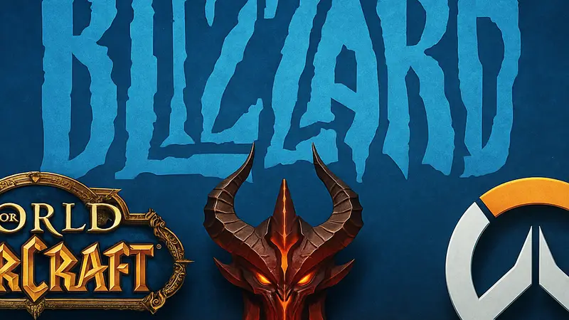 Логотипы World of Warcraft, Diablo и Overwatch на фоне общего бренда Blizzard.