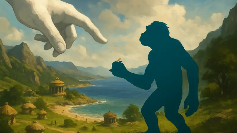 Скриншот из игры Black & White, где божественная рука управляет миром и существом-помощником.