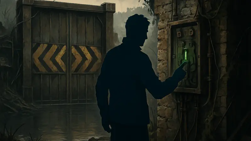 Итан Уинтерс перед шлюзовыми воротами в Resident Evil Village, электрощиток.