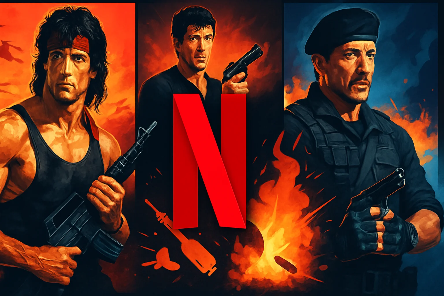 Постеры фильмов с Сильвестром Сталлоне, объединенные логотипом Netflix и символами экшена.