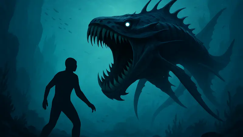 Морское существо Marrowbreach из Subnautica 2 плывет в глубинах, демонстрируя свои острые зубы.