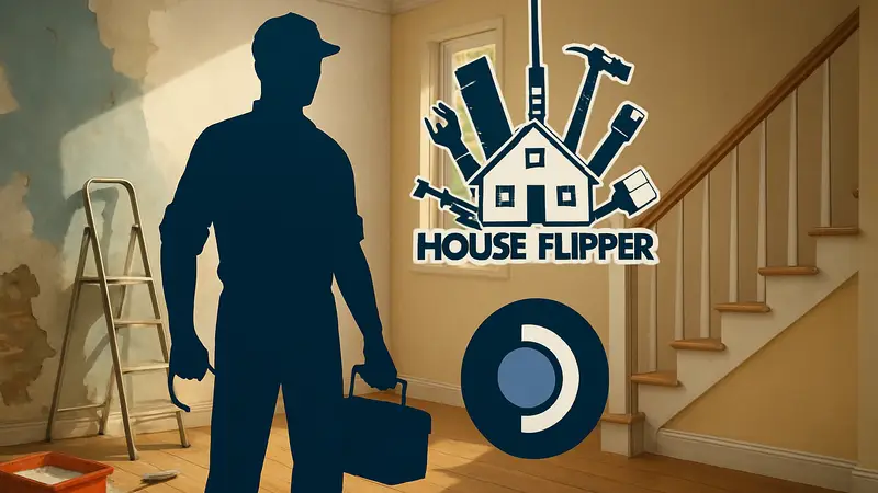 Обложка игры House Flipper, с изображением ремонта дома и логотипом Steam Deck.