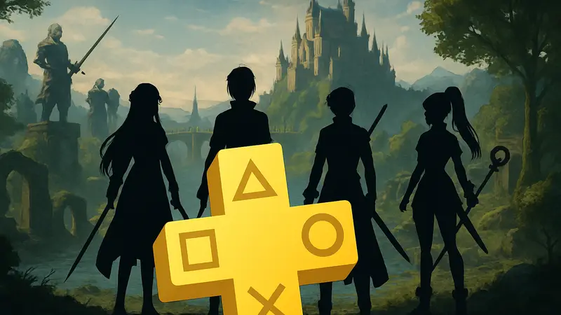 Логотип PlayStation Plus на фоне персонажей из игры Sword Art Online: Fractured Daydream.