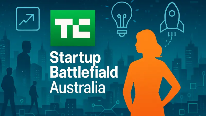 Логотип Startup Battlefield Australia на фоне цифровых элементов, символизирующих стартапы и технологии.