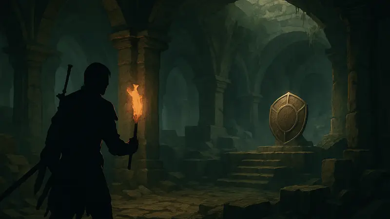 Игрок Crimson Desert исследует подземные руины в поисках щита Oath Ring Shield.