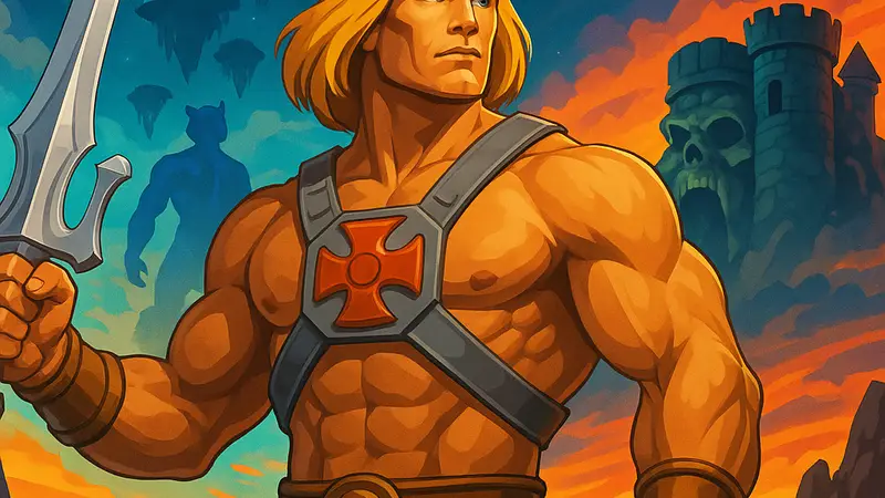 He-Man из Masters of the Universe на фоне элементов фильма-блокбастера 2023 года.