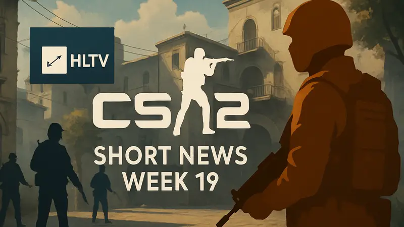 Обложка новостного дайджеста HLTV с логотипом CS2 и надписью 'Short News Week 19'