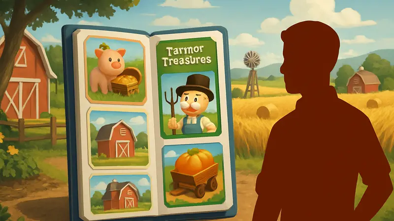 Изображение демонстрирует новый альбом стикеров «Фермерские сокровища» в Monopoly GO.