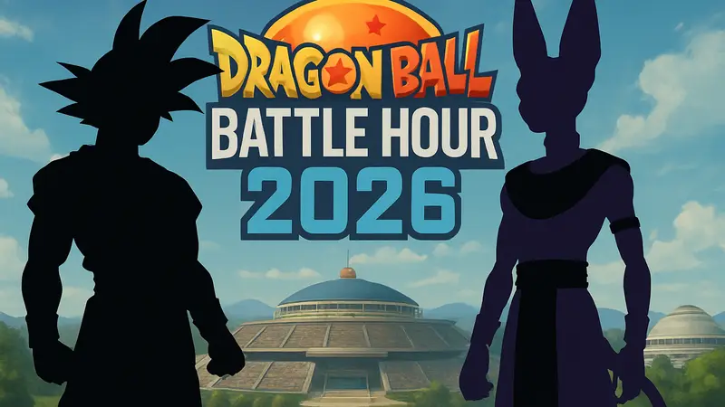 Герои Dragon Ball, Гоку и Бирус, на фоне логотипа Dragon Ball Battle Hour 2026