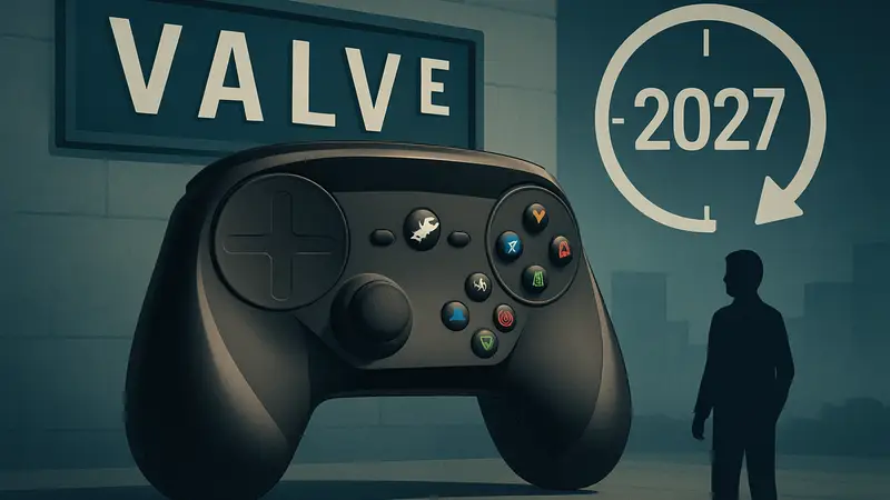 Игровой контроллер Steam Controller на фоне логотипа Valve, символизирующий задержки поставок до 2027 года.