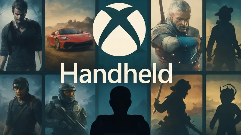 Логотип Xbox с надписью Handheld на фоне обложек игр.