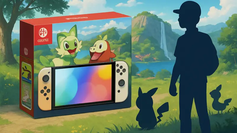 Изображение бандла Nintendo Switch 2 с игрой Pokémon Pokopia на фоне пейзажа из игры