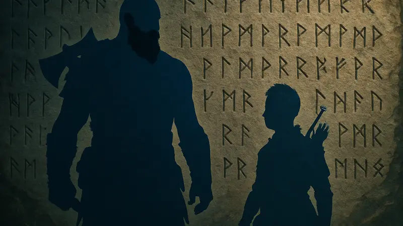 Кратос и Атрей из игры God of War Ragnarök на фоне скандинавских рун