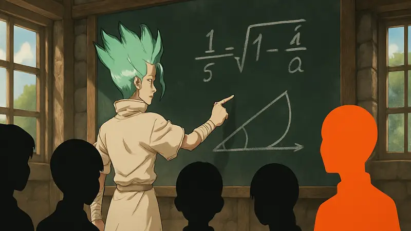 Кадр из аниме Dr. Stone, где Сенку демонстрирует научную формулу на доске.
