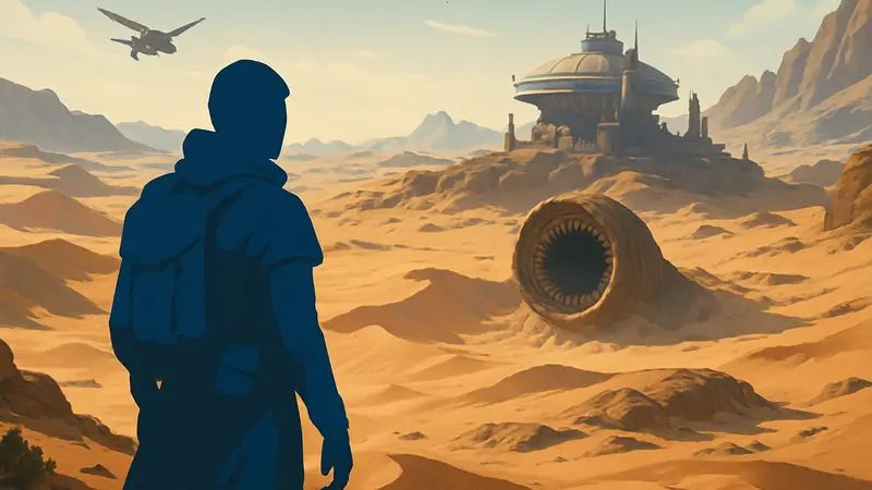 Скриншот из игры Dune: Awakening с пейзажем пустынной планеты Арракис.