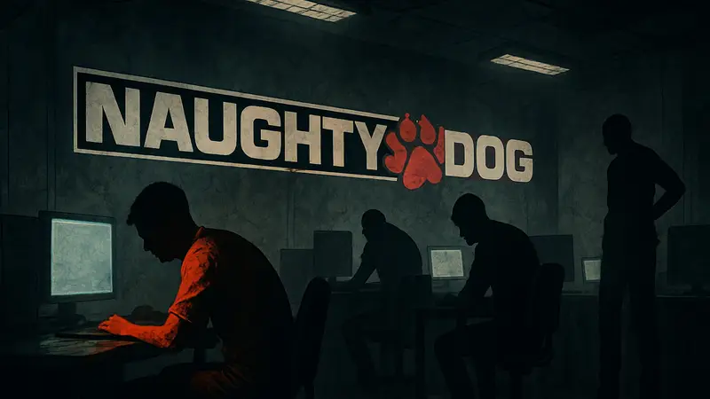 Логотип Naughty Dog на темном фоне, символизирующий проблему «кранчей» в игровой индустрии.