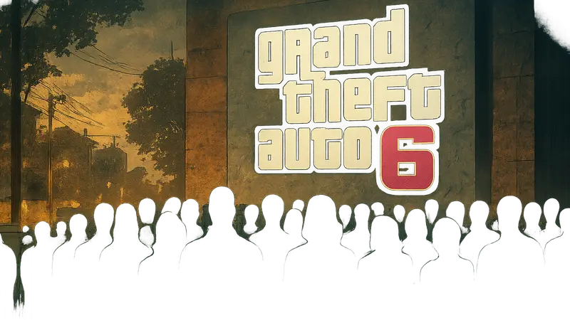 Логотип Grand Theft Auto 6 на фоне хаотичной очереди за предзаказом