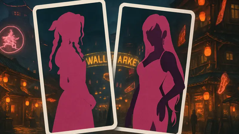 Карты Аэрис и Тифы в образах Wall Market для Final Fantasy Trading Card Game FFVII