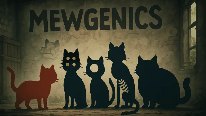 Иллюстрация кошачьих мутаций из игры Mewgenics, показывающая различные виды кошек.