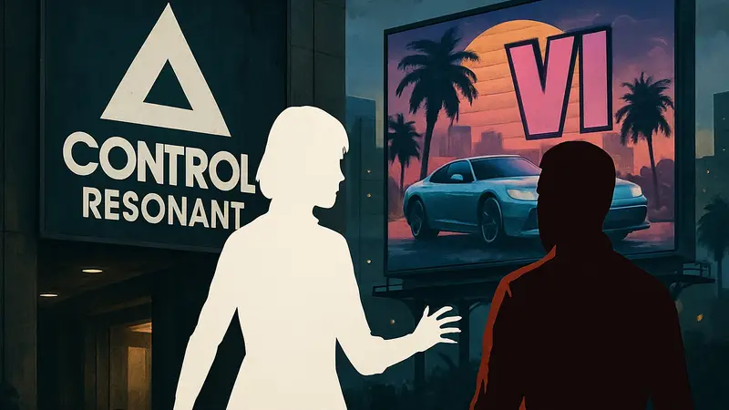Игровой логотип Control Resonant на фоне GTA VI, символизирующий конкуренцию релизов.