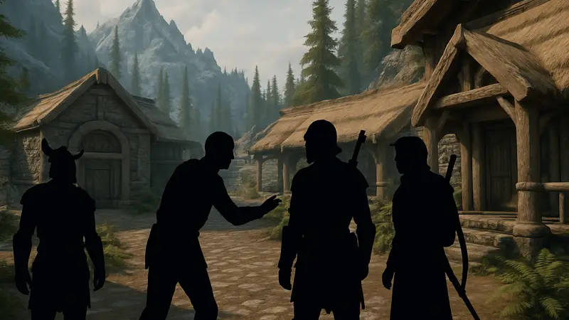 Скриншот из The Elder Scrolls V: Skyrim с несколькими персонажами, указывающий на мультиплеер или ролевую игру.