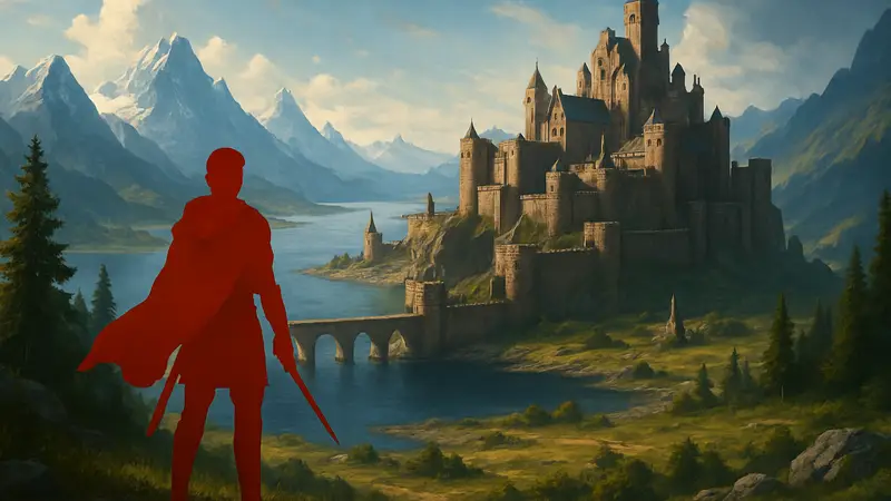 Логотип The Elder Scrolls 6 на фоне фэнтезийного пейзажа или замок из игры