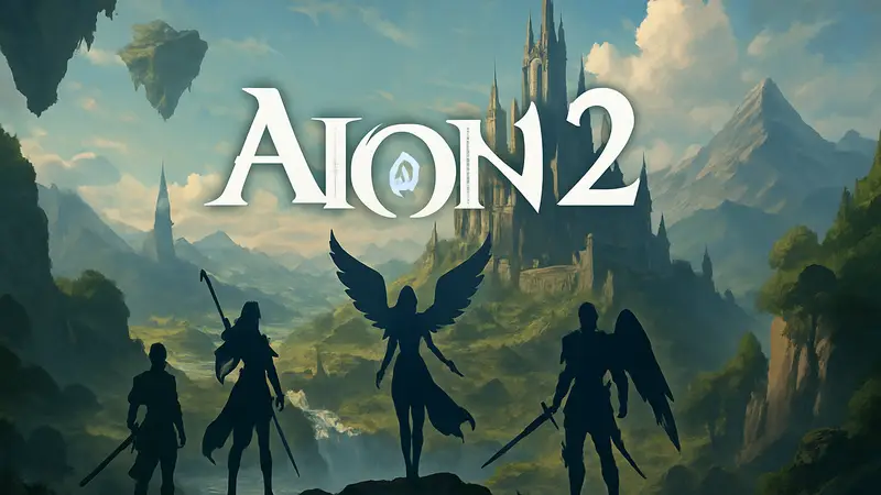 Логотип Aion 2 на фоне эпического фэнтезийного мира и персонажей