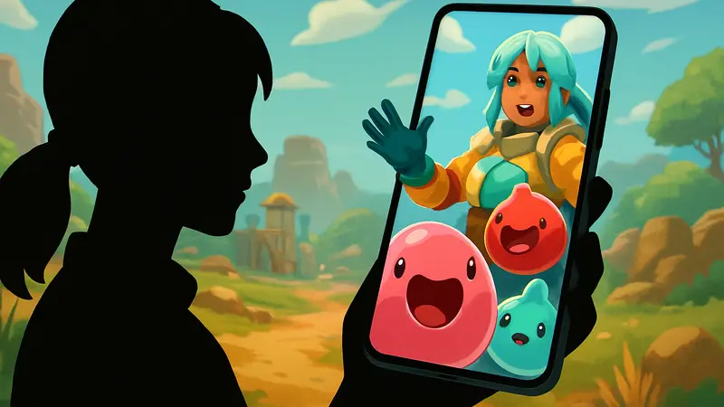 Героиня Slime Rancher с милыми слизнями на мобильном экране, анонсирующая релиз игры на iOS и Android.