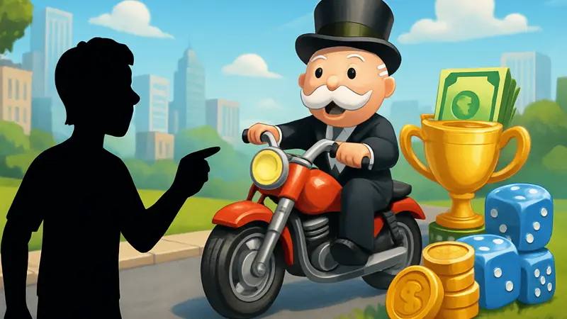 Изображение ивента Motorbike Dash в Monopoly GO с мотоци клом и игровыми наградами на заднем плане, указывающее на бонусы.