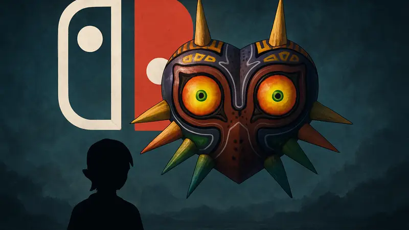 Стилизованное изображение маски Маджоры из игры The Legend of Zelda на фоне логотипа Nintendo Switch.