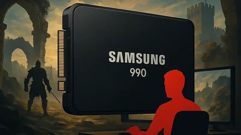 Твердотельный накопитель Samsung 990 с логотипом на чёрном фоне, выделяющий его как игровой SSD.