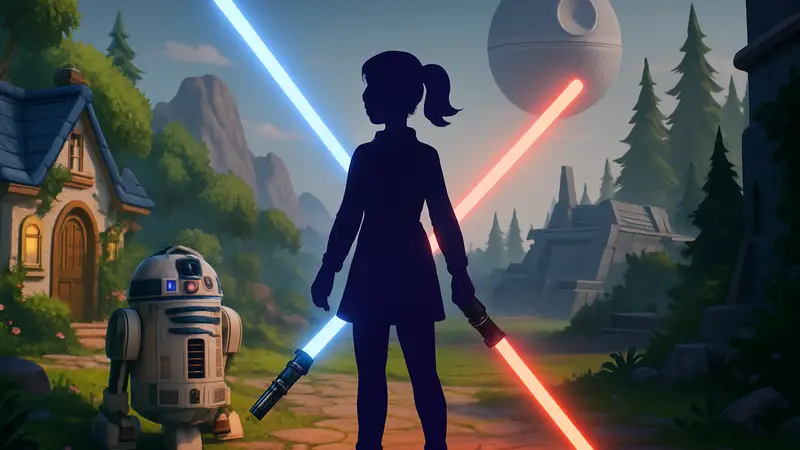 Игровой персонаж Disney Dreamlight Valley в окружении элементов вселенной Star Wars, световые мечи.