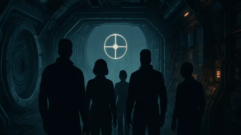 Скриншот или концепт-арт из игры Directive 8020 с группой персонажей в космическом корабле