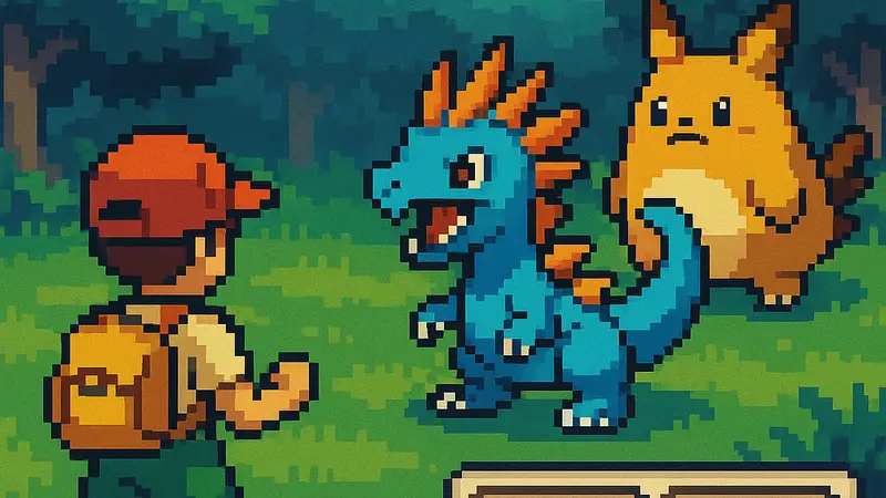Скриншот из игры Dokimon: Quest, демонстрирующий пиксельных монстров и интерфейс сражения, выполненный в ретро-стиле.