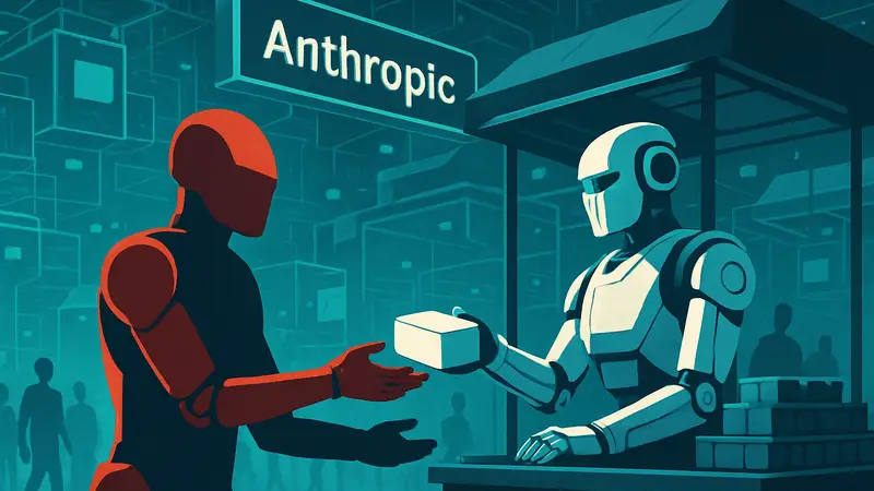 Робот ИИ покупает товар у другого робота на виртуальном рынке Anthropic, символизируя коммерцию между агентами.