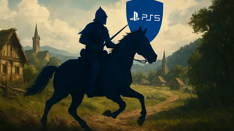 Геральт из Kingdom Come: Deliverance в полном рыцарском облачении, скачущий на коне, символизируя скорый релиз на PS5.
