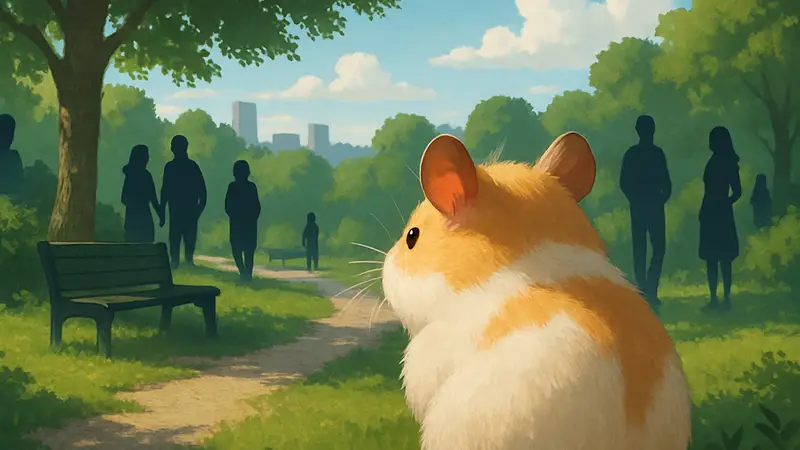 Обложка игры Sweet Hamster Days, изображающая милого хомяка, смотрящего на мир вокруг.