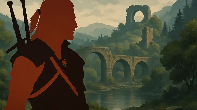 Геральт из Ривии, персонаж игры Ведьмак 3, на фоне названия DLC Songs of the Past