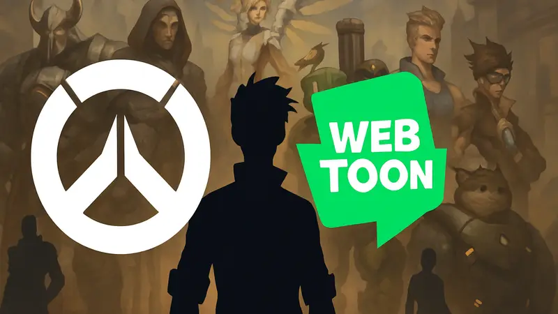 Логотип Overwatch и иконка Webtoon, символизирующие новый комикс, на фоне героев игры.