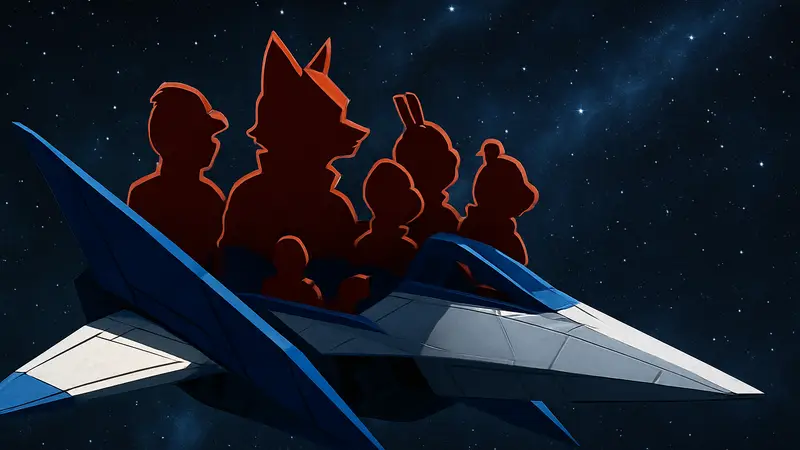 Команда Star Fox в космическом корабле Arwing на фоне звезд для обзора Star Fox Switch 2 ремейк