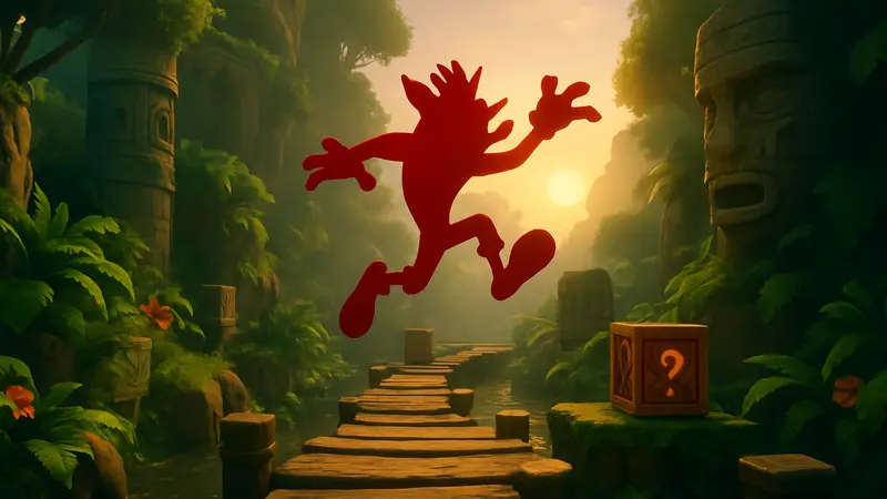 Скриншот пользовательского уровня Crash Bandicoot, созданного в конструкторе игр Dreams, прыгающий Крэш.