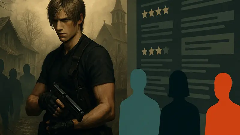 Скриншот из Resident Evil 4 Remake с Леоном Кеннеди, на фоне обзоров.