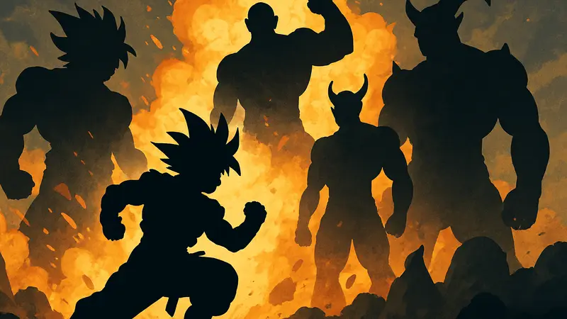 Гоку из Dragon Ball в битве против нескольких сильнейших противников на фоне взрыва.