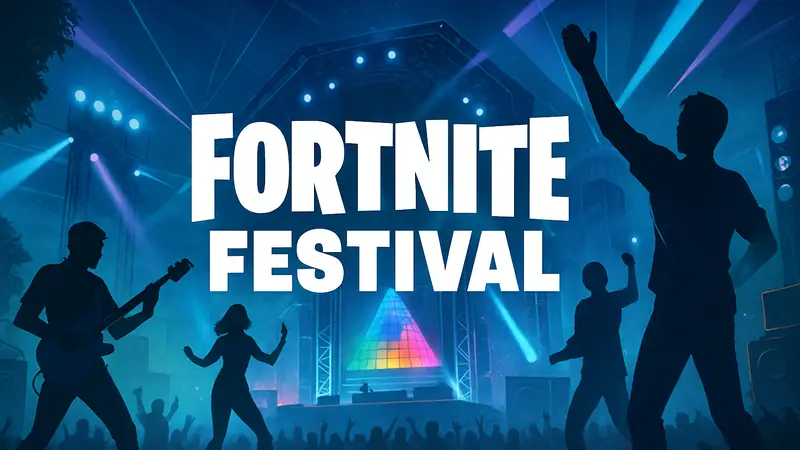 Логотип Fortnite Festival на фоне динамичной игровой сцены, символизирующей новые функции.