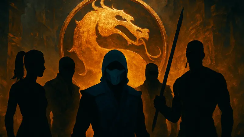 Постер фильма Mortal Kombat с главными героями на фоне узнаваемых символов.