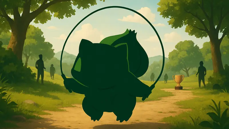 Бульбазавр из Pokemon Pokopia, прыгающий со скакалкой.