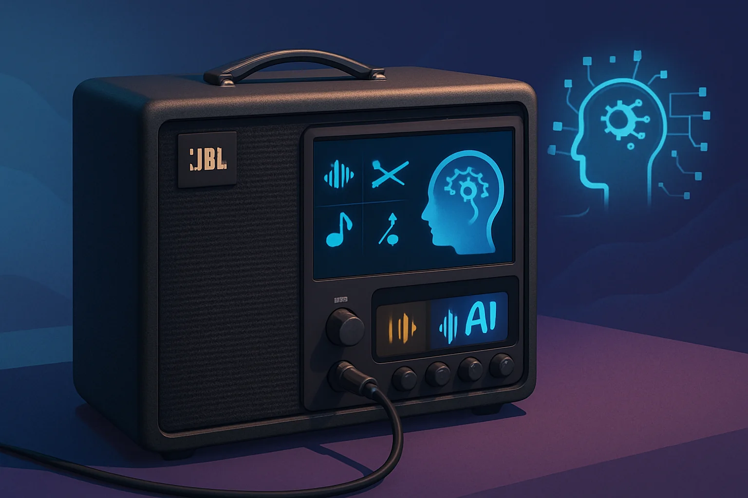 Изображение усилителя JBL BandBox, демонстрирующего функции искусственного интеллекта для практики музыкантов.