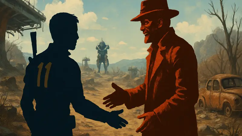 Изображение мода Fallout 4, где персонаж взаимодействует с NPC, озвученным Уэсом Джонсоном, на фоне Пустоши.