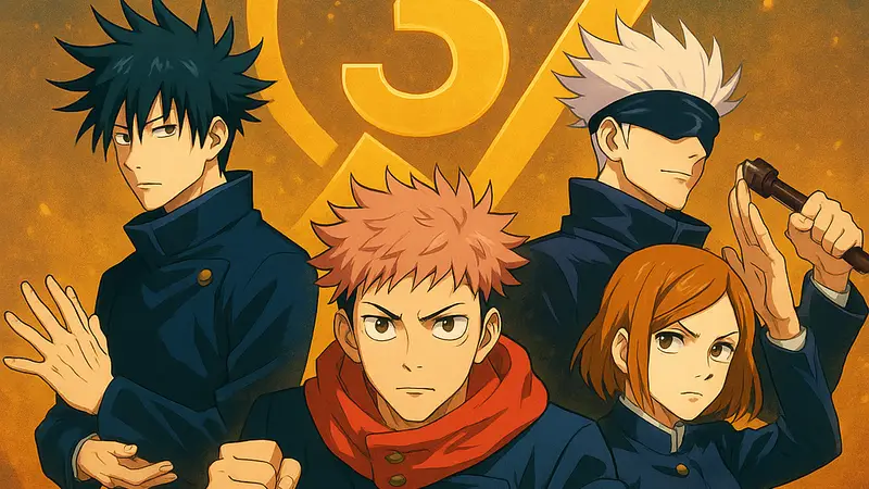 Главные герои аниме Jujutsu Kaisen на фоне эмблемы 3 сезона, символизирующей успех